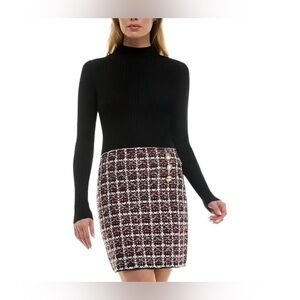 Juniors Combo Tweed-Skirt Long-Sleeve Sweater Dress
